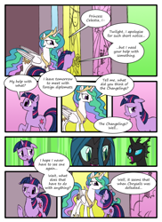 Size: 762x1048 | Tagged: safe, artist:lazingabout94, princess celestia, queen chrysalis, twilight sparkle, alicorn, changeling, changeling queen, pony, comic