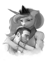 Size: 612x792 | Tagged: safe, artist:hattonslayden, princess luna, anthro, human, grayscale, hug, monochrome