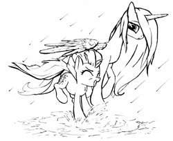 Size: 1838x1500 | Tagged: safe, artist:mcstalins, princess celestia, twilight sparkle, alicorn, pony, lineart, momlestia, monochrome, rain, sketch, wet mane