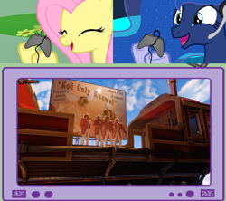 Size: 1126x1000 | Tagged: safe, fluttershy, princess luna, alicorn, pegasus, pony, bioshock, bioshock infinite, controller, exploitable meme, eyes closed, female, gamer luna, gamer meme, gamershy, happy, hoof hold, mare, meme, obligatory pony, open mouth, pink mane, screen, smiling, tv meme, yellow coat