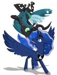 Size: 600x800 | Tagged: safe, artist:kazifasari, princess luna, queen chrysalis, alicorn, changeling, changeling queen, pony, action pose, fight