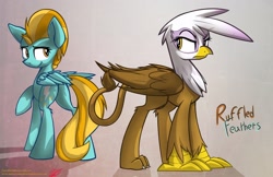 Size: 1280x830 | Tagged: safe, artist:ralek, derpibooru import, gilda, lightning dust, griffon, pegasus, pony, art trade, female, gildust, gradient background, lesbian, looking back, mare, plot, raised hoof, ruffled feathers, shipping