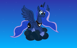 Size: 3125x1960 | Tagged: safe, artist:maverickmam, princess luna, alicorn, pony, cloud, smiling, solo