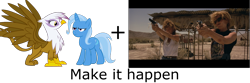 Size: 1500x500 | Tagged: safe, derpibooru import, gilda, trixie, griffon, exploitable meme, glixie, interspecies, make it happen, meme, thelma and louise