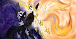 Size: 1024x524 | Tagged: safe, artist:charmingstranger, nightmare moon, nightmare star, princess celestia, alicorn, pony, alternate universe, armor, combat, fight