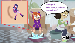 Size: 1276x736 | Tagged: safe, edit, edited screencap, screencap, twilight sparkle, human, equestria girls, barbara gordon, barefoot, batgirl, crossover, dc comics, dc superhero girls, feet, female, fetish, foot fetish, giantess, macro, micro, tara strong, voice actor joke, wat