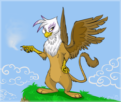 Size: 734x620 | Tagged: safe, artist:jaylacinechiboa, derpibooru import, gilda, griffon, bipedal, cigarette, looking at you, sky, smiling, smoking, solo, spread wings