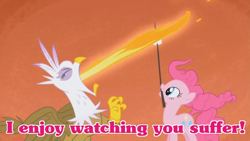 Size: 682x384 | Tagged: safe, derpibooru import, edit, edited screencap, screencap, gilda, pinkie pie, earth pony, griffon, pony, griffon the brush off, eyes closed, female, fire, fire breath, frown, grin, hot, image macro, mare, marshmallow, meme, mouth hold, pink text, pinkie being pinkie, schadenfreude, smiling, spicy, text, windswept mane