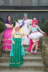 Size: 1120x1680 | Tagged: safe, artist:cepiapon, artist:g0n3morganna, artist:sadwonderland, artist:windaria, fluttershy, pinkie pie, princess celestia, rarity, human, animenext, clothes, cosplay, dress, gala dress, irl, irl human, photo