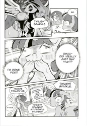 Size: 1386x2000 | Tagged: safe, artist:korurun, princess celestia, twilight sparkle, alicorn, pony, comic:peeing is magic, comic, doujin, monochrome, translation