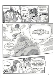 Size: 1367x2000 | Tagged: safe, artist:korurun, princess celestia, twilight sparkle, alicorn, pony, comic:peeing is magic, comic, doujin, monochrome, translation