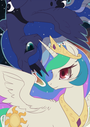 Size: 1000x1414 | Tagged: safe, artist:zayger, princess celestia, princess luna, alicorn, pony, crown, female, horn, jewelry, mare, regalia, siblings, sisters