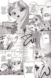 Size: 1439x2200 | Tagged: safe, artist:akira bano, derpibooru import, gilda, rarity, spike, twilight sparkle, dragon, griffon, pony, unicorn, catch you catch me, comic, doujin, monochrome, translation