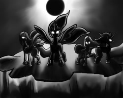 Size: 1000x800 | Tagged: safe, artist:hosendamaru, princess celestia, princess luna, alicorn, pony, dear-princesscelestia, eclipse, monochrome