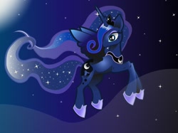 Size: 1088x814 | Tagged: safe, artist:monsterswonderland, princess luna, alicorn, pony, female, flying, horn, mare, solo