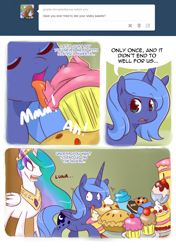 Size: 1000x1422 | Tagged: dead source, safe, artist:pijinpyon, princess celestia, princess luna, alicorn, pony, ask, ask little luna, banishment, cake, caught, comic, cupcake, dark magic, food, ice cream, magic, pastry, pie, s1 luna, sisters, this will end in tears and/or a journey to the moon, to the moon, tumblr