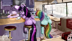 Size: 8576x4908 | Tagged: safe, artist:toisanemoif, rainbow dash, twilight sparkle, twilight sparkle (alicorn), alicorn, pegasus, pony, absurd resolution, coffee, diner, duo, eating, plot, plump, rainbutt dash, the ass was fat, twibutt