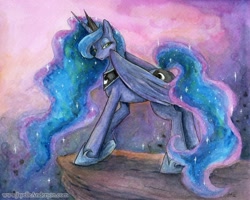 Size: 986x787 | Tagged: dead source, safe, artist:jayelle-anderson, princess luna, alicorn, pony, cliff, solo, traditional art