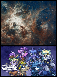 Size: 621x840 | Tagged: safe, artist:saturnspace, idw, amethyst star, derpy hooves, dinky hooves, doctor whooves, princess luna, sparkler, star hunter, alicorn, pegasus, pony, clockwise whooves, exploitable meme, female, jack harkness, mare, meme, nature is so fascinating, nebula, reference, universe is so fascinating