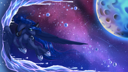 Size: 1920x1080 | Tagged: safe, artist:kittehkatbar, princess luna, alicorn, pony, bubble, moon, solo, space, wallpaper