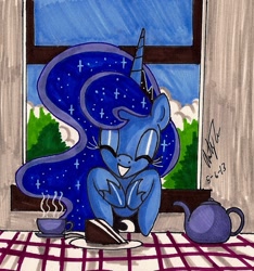 Size: 904x967 | Tagged: safe, artist:newyorkx3, princess luna, alicorn, pony, cake, pov, smiling, solo, tea, teacup, teapot, traditional art