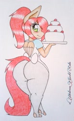 Size: 1198x1949 | Tagged: safe, artist:xmistressecchicatx, oc, oc only, oc:shorty redd, anthro, pegasus, bow, cake, female, food, mare, solo, tail bow, the ass was fat, traditional art