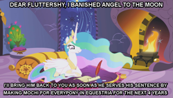 Size: 909x511 | Tagged: safe, angel bunny, princess celestia, alicorn, pony, banishment, hare in the moon, image macro, letter, moon bunny, solo