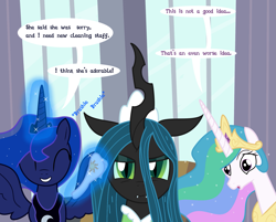 Size: 2115x1700 | Tagged: safe, artist:dazed-and-wandering, princess celestia, princess luna, queen chrysalis, alicorn, changeling, changeling queen, pony, brushie, cute, cutealis, hairbrush, magic, what could possibly go wrong