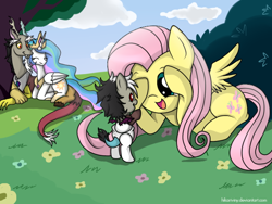 Size: 640x480 | Tagged: safe, artist:hikariviny, discord, fluttershy, princess celestia, oc, oc:chaotic, alicorn, chimera, hybrid, pegasus, pony, bush, cuddling, cute, diaper, dislestia, eyes closed, flower, foal, grass, interspecies offspring, offspring, open mouth, parent:discord, parent:princess celestia, parents:dislestia, peekaboo, picnic, prone, shipping, shyabetes, smiling, snuggling, spread wings, tree