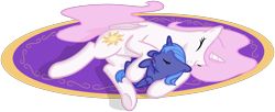 Size: 2652x1080 | Tagged: safe, artist:arvaus, princess celestia, princess luna, alicorn, pony, carpet, cuddling, cute, drool, eyes closed, filly, on back, on side, open mouth, pink-mane celestia, simple background, sleeping, smiling, snuggling, transparent background, vector, weapons-grade cute, woona, younger