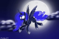 Size: 990x660 | Tagged: safe, artist:strebiskunk, princess luna, alicorn, pony, flying, glowing eyes, moon, night, solo