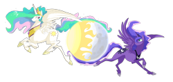 Size: 3400x1600 | Tagged: safe, artist:cabbion, princess celestia, princess luna, alicorn, pony, flying, moon, sun