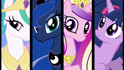 Size: 1920x1080 | Tagged: safe, artist:neodarkwing, princess cadance, princess celestia, princess luna, twilight sparkle, twilight sparkle (alicorn), alicorn, pony, alicorn tetrarchy, bust, collage, looking at you, vector, wallpaper