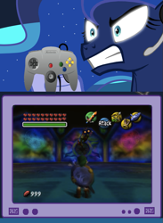 Size: 563x769 | Tagged: safe, princess luna, alicorn, pony, ben drowned, exploitable meme, gamer luna, gamer meme, meme, obligatory pony, skull kid, the legend of zelda, the legend of zelda: majora's mask, tv meme