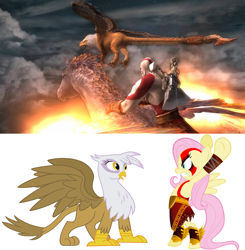 Size: 818x836 | Tagged: safe, derpibooru import, fluttershy, gilda, griffon, pegasus, pony, comparison, crossover, gilda drama, god of war, kratos, parody, roleplaying, video game