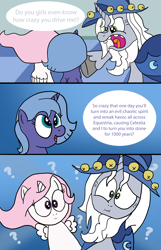 Size: 2550x3965 | Tagged: safe, artist:t-3000, princess celestia, princess luna, star swirl the bearded, alicorn, pony, cewestia, comic, discord is star swirl, filly, foreshadowing, woona