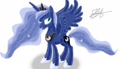 Size: 1920x1088 | Tagged: safe, artist:music-brush, princess luna, alicorn, pony, female, horn, mare, simple background, solo