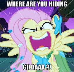 Size: 1096x1074 | Tagged: safe, derpibooru import, edit, edited screencap, screencap, fluttershy, gilda, griffon, pegasus, pony, the best night ever, angry, cropped, drama, flutterrage, gilda drama, image macro, implied gilda, revenge, scratches, solo, spread wings, wings, you're going to love me