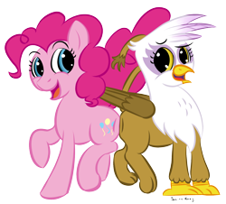 Size: 1500x1354 | Tagged: safe, artist:saine grey, derpibooru import, gilda, pinkie pie, earth pony, griffon, pony, color, duo, simple background, transparent background