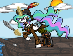 Size: 4080x3120 | Tagged: safe, artist:inkrose98, princess celestia, alicorn, pony, bicorne, clothes, earring, hat, pirate, solo, sword