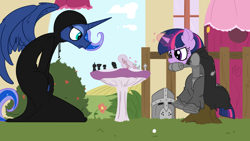 Size: 1920x1080 | Tagged: safe, artist:elslowmo, artist:late, princess luna, twilight sparkle, alicorn, pony, armor, chess, chess with death, costume, crossover, death, parody, reference, the seventh seal
