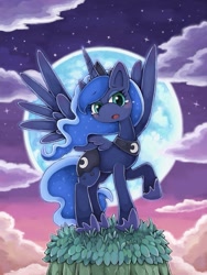 Size: 675x900 | Tagged: safe, artist:moriguru, princess luna, alicorn, pony, blue moon, blushing, cloud, female, full moon, looking at you, mare, moon, open mouth, pixiv, solo, spread wings, starry night, wings