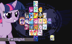 Size: 852x520 | Tagged: safe, artist:drpain, derpibooru import, apple bloom, applejack, archer (character), babs seed, berry punch, berryshine, cheerilee, derpy hooves, fluttershy, gilda, pinkie pie, princess celestia, princess luna, rainbow dash, rarity, scootablue, scootaloo, spitfire, sunset shimmer, sweetie belle, trixie, twilight sparkle, zecora, alicorn, earth pony, griffon, pegasus, pony, unicorn, zebra, parody, street fighter, street fighter alpha 3, video game