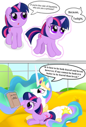 Size: 1152x1691 | Tagged: safe, artist:ohohokapi, edit, princess celestia, twilight sparkle, alicorn, pony, book, female, filly, filly twilight sparkle, magic, prone, telekinesis, the prince, younger