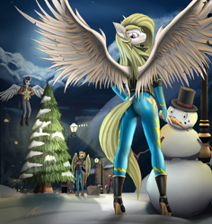 Size: 1400x1480 | Tagged: safe, artist:kasaler, ms. harshwhinny, soarin', spitfire, surprise, anthro, pegasus, ass, butt, carrot, christmas tree, clothes, ear fluff, flying, food, hat, high heels, looking at you, night, offscreen character, scarf, snow, snowman, solo focus, spread wings, surprisamena, the ass was fat, top hat, tree, winter, wonderbolts uniform