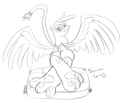 Size: 1500x1253 | Tagged: safe, artist:saine grey, derpibooru import, gilda, griffon, feet, looking at you, monochrome, paws, plot, sketch, solo, wings