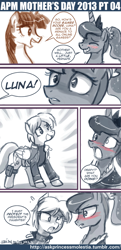 Size: 500x1031 | Tagged: safe, artist:johnjoseco, derpy hooves, princess luna, oc, oc:fausticorn, alicorn, pony, ask, ask princess molestia, comic, lauren faust, leon s. kennederpy, leon s. kennedy, mother's day, resident evil, resident evil 4