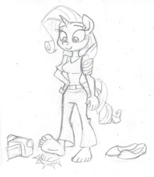 Size: 963x1112 | Tagged: safe, artist:dertikleen, rarity, anthro, plantigrade anthro, barefoot, camcorder, clothes, feet, fetish, foot fetish, foot tapping, monochrome, shoes, solo, tapping, traditional art