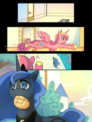 Size: 750x1000 | Tagged: safe, artist:bakki, princess cadance, princess luna, oc, oc:mirror gleam, alicorn, pony, bread, comic, disguised baby changeling, melon bread