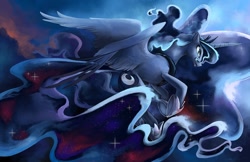 Size: 1280x828 | Tagged: safe, artist:blazegryph, princess luna, alicorn, pony, crown, cute, ethereal mane, female, flying, galaxy mane, hoof shoes, jewelry, lunabetes, mare, regalia, solo, starry mane